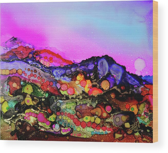 Abstract Mountains Wood Print featuring the painting Colorful Mountain sunset by Billie Colson