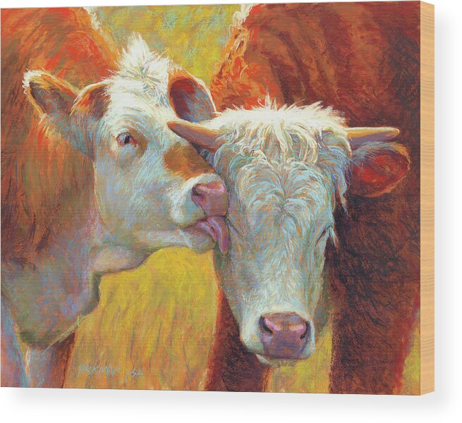Cow Wood Print featuring the pastel Cow Lick by Rita Kirkman