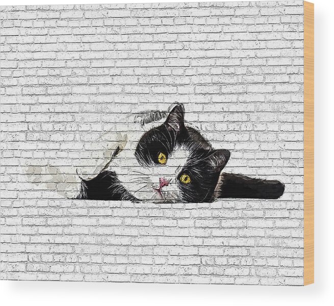Charming Wood Print featuring the painting Cute and Charming, Black and White Cat - Brick Block Background by Custom Pet Portrait Art Studio