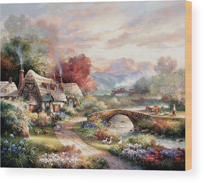 Cottage Wood Print featuring the painting Days End Retreat by James Lee