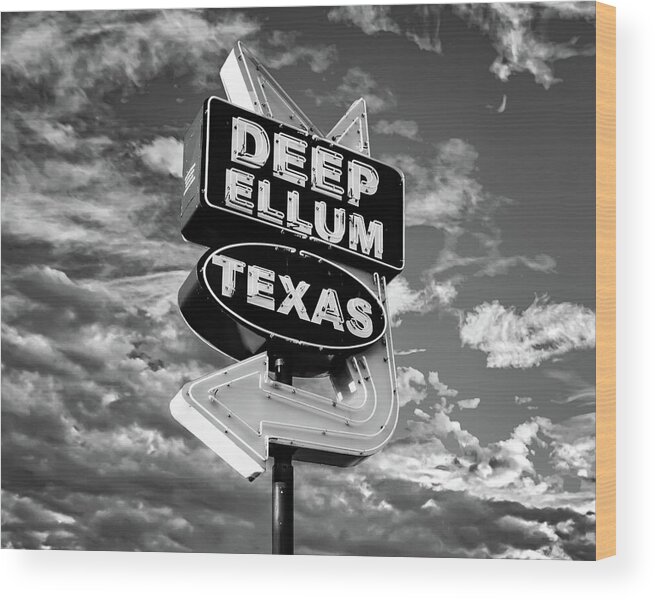 Deep Ellum Neon Wood Print featuring the photograph Deep Ellum Texas Neon And Clouds - Black and White by Gregory Ballos