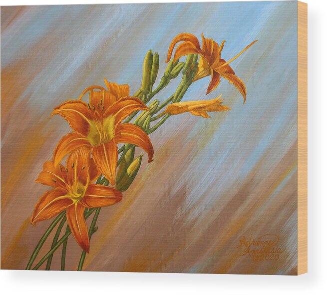 Blue Wood Print featuring the painting Day Lillies by Adrienne Dye
