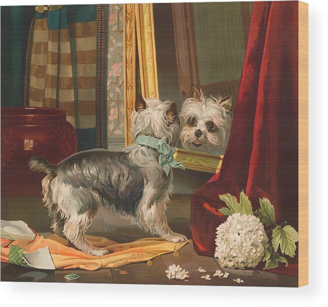 Dog Wood Print featuring the painting Dog Looking Into Mirror - Vintage Lithograph - 1888 by War Is Hell Store