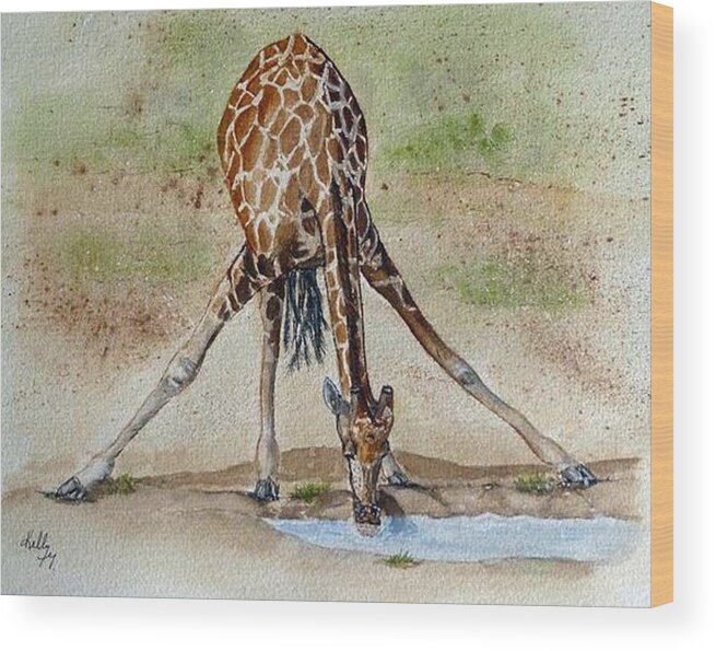 Giraffe Wood Print featuring the painting Drinking Giraffe by Kelly Mills