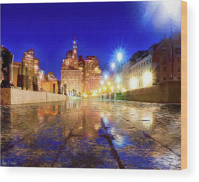 Boston Wood Print featuring the mixed media Dusk Falls On Boston's Long Wharf by Mark E Tisdale