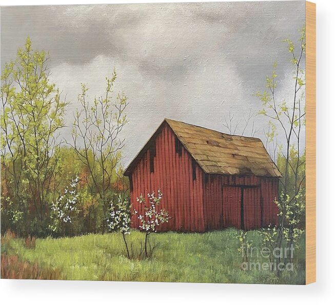 Red Barn Wood Print featuring the painting Early spring with red barn by Inese Poga