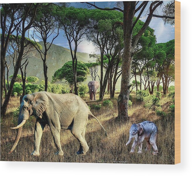 Baby Elephant Wood Print featuring the digital art Elephant Family by Norman Brule