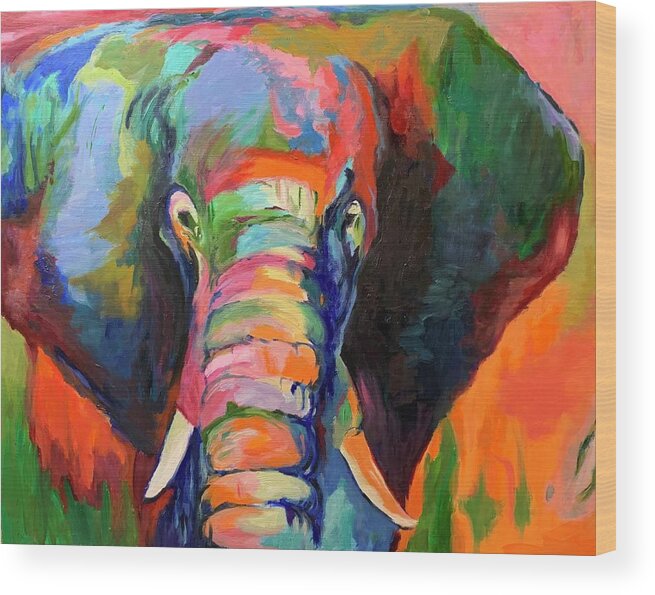 Elephant Wood Print featuring the painting Ellie in Full Color by Tracy Hutchinson