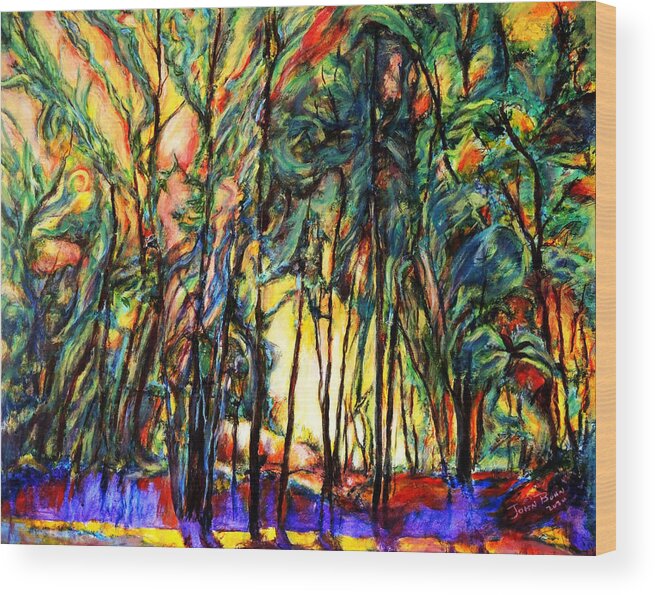 Acrylic Painting Enchanted Forest Sunset Scene Abstract Landscape Wood Print featuring the painting Enchanted Forest by John Bohn