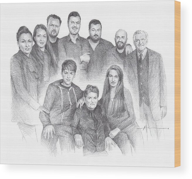 Www.miketheuer.com Family Reunion Pencil Portrait Wood Print featuring the drawing Family reunion pencil drawing by Mike Theuer