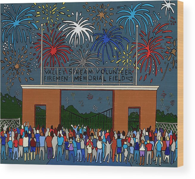 4thof July Independence Day Fireworks Firemen's Field Valleystream Newyork Wood Print featuring the painting Fireworks at Firemen's Field by Mike Stanko