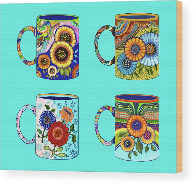 Coffee Cup Wood Print featuring the drawing Four Flower Coffee Cups/Mugs, Mexican Style, on Blue by Lorena Cassady