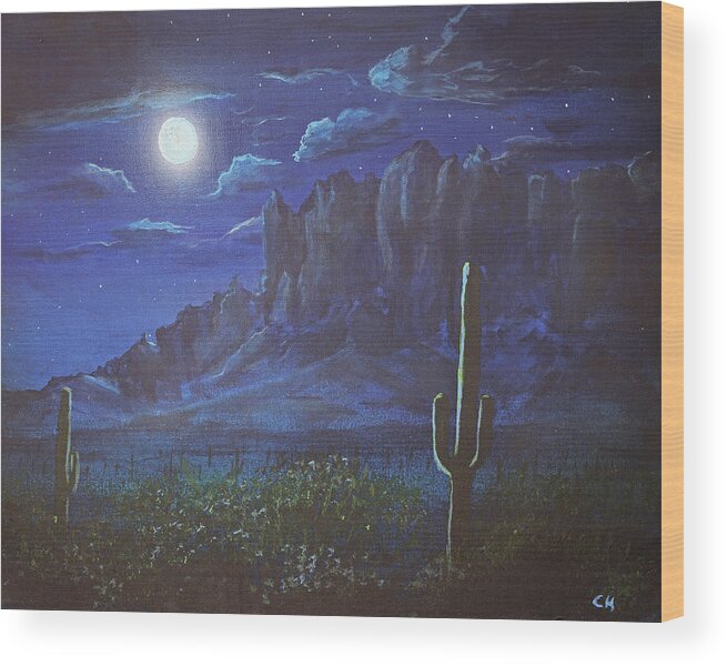 Superstition Mountains Wood Print featuring the painting Full Moon over the Superstition Mountains, Arizona by Chance Kafka