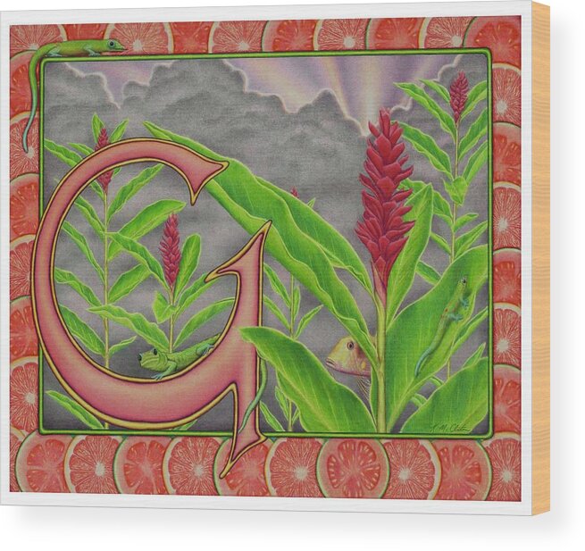 Kim Mcclinton Wood Print featuring the drawing G is for Gecko by Kim McClinton