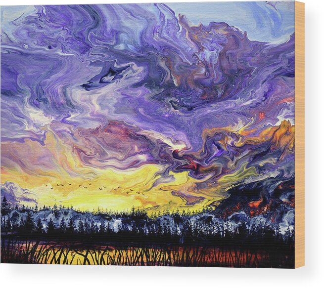 Geese Wood Print featuring the painting Geese Over a Wetlands Pond at Sunset by Laura Iverson