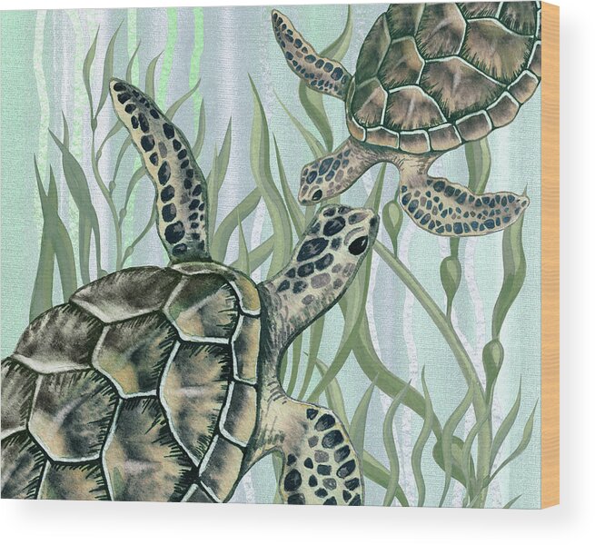 Art For Beach House Decor Ocean Seaweed Giant Turtle Swimming Wood Print featuring the painting Giant Turtles Swimming In The Seaweed Under The Ocean Watercolor Painting IV by Irina Sztukowski