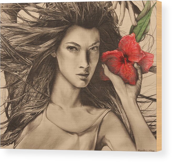 Girl Wood Print featuring the drawing Girl and Hibiscus by Michelle Miron-Rebbe