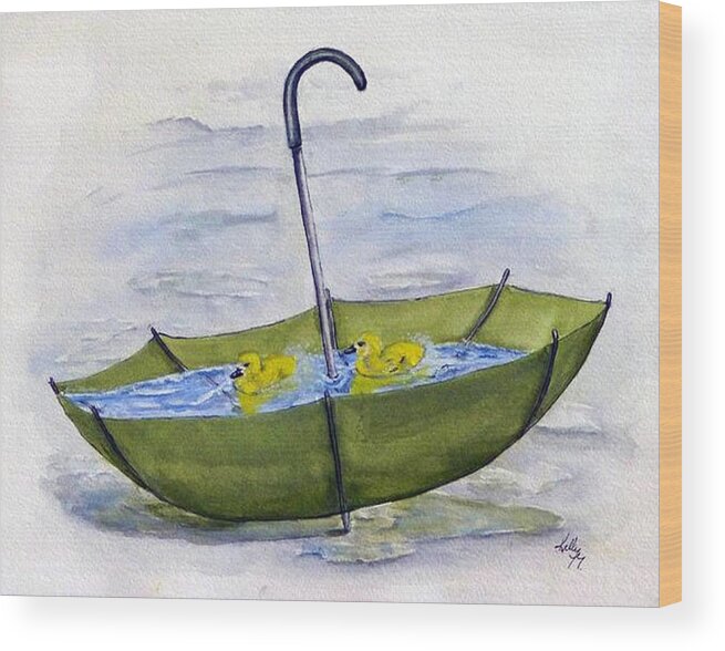 Umbrella Wood Print featuring the painting Green Umbrella Pool by Kelly Mills