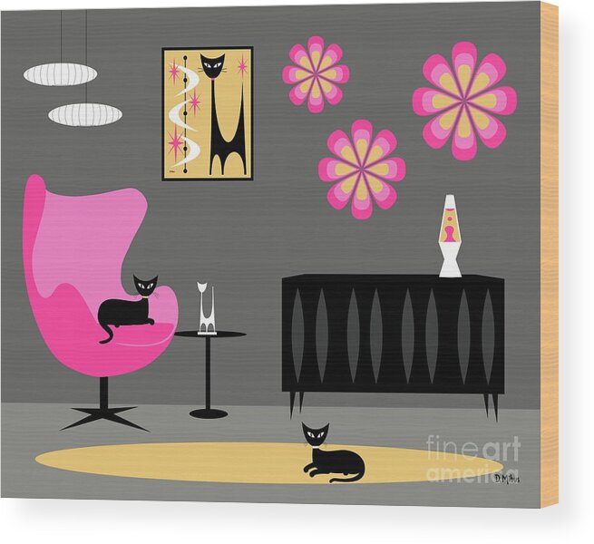 Mid Century Cat Wood Print featuring the digital art Groovy Pink Yellow and Gray Room by Donna Mibus