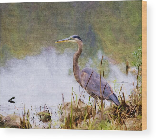 Great Blue Wood Print featuring the digital art Heron on Milwaukee River by Stacey Carlson