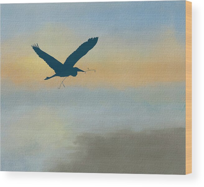 Great Blue Heron Wood Print featuring the mixed media Heron Silhouette Flight on Watercolor Background by Patti Deters