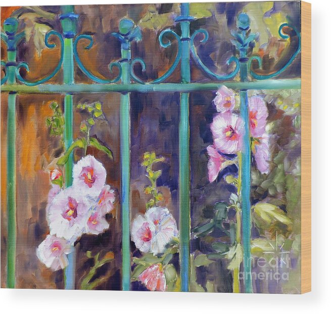 Verdigris Wood Print featuring the painting Hollyhocks by Jodie Marie Anne Richardson Traugott     aka jm-ART