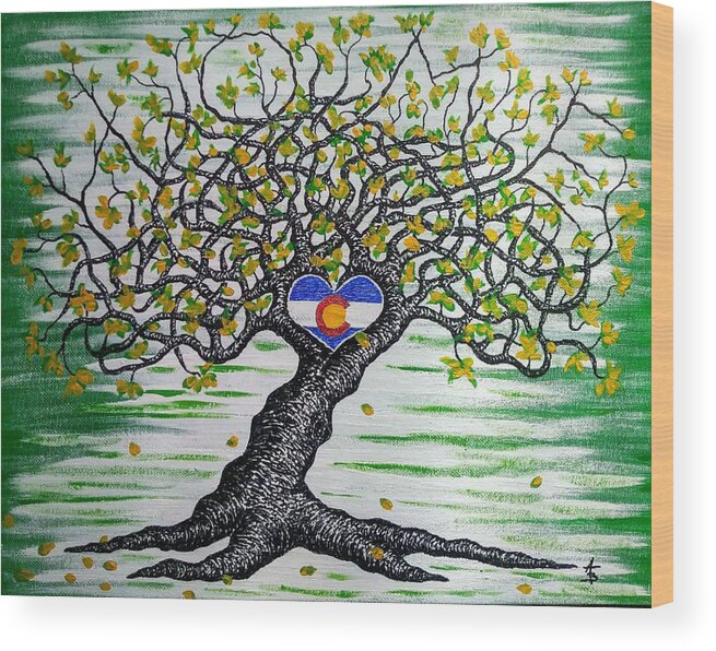 Home Wood Print featuring the drawing Home w/ Colorado flag Love Tree by Aaron Bombalicki