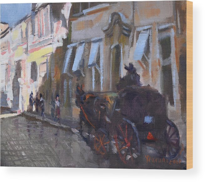 Horse Carriage Wood Print featuring the painting Horse Carriage Rides Rome by Ylli Haruni