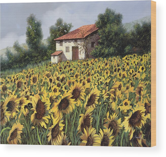 Tuscany Wood Print featuring the painting I Girasoli Nel Campo by Guido Borelli