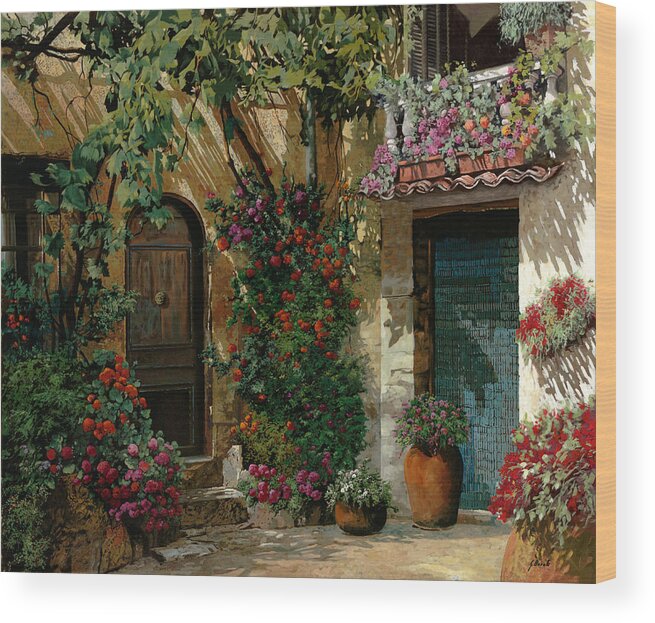Landscape Wood Print featuring the painting Fiori In Cortile #1 by Guido Borelli