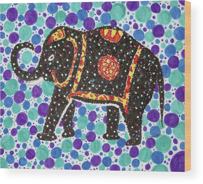 Elephant Wood Print featuring the drawing Irrelephant Bright Pen and Ink Circles Drawing of an Elephant by Ali Baucom