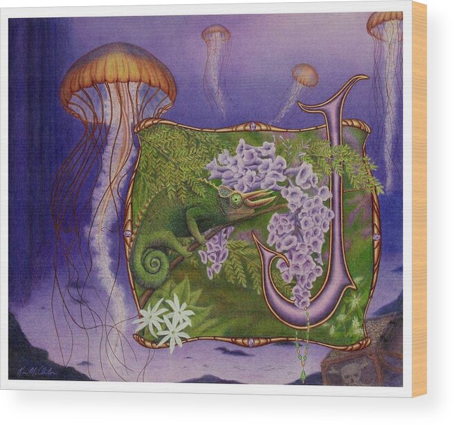 Kim Mcclinton Wood Print featuring the drawing J is for Jellyfish by Kim McClinton
