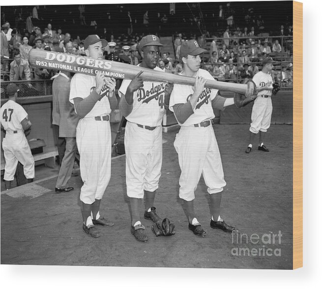 1950-1959 Wood Print featuring the photograph Jackie Robinson, Duke Snider, and Pee Wee Reese by Olen Collection