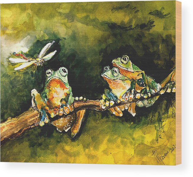 Funny Frogs Dragonfly Wood Print featuring the painting Join Us by Marnie Clark