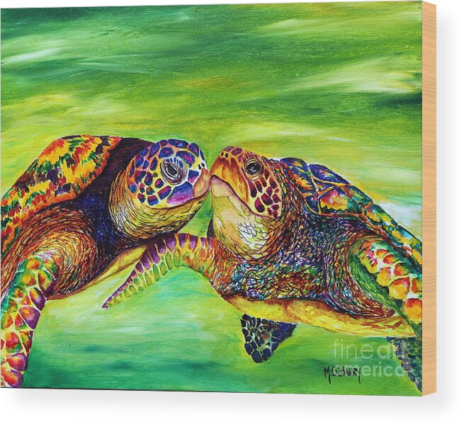 Sea Turtles Wood Print featuring the painting Kissing Turtles by Maria Barry