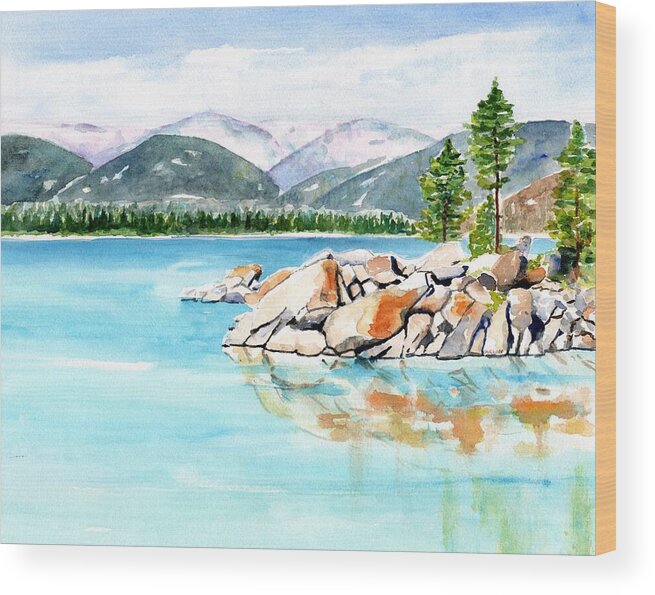 Lake Tahoe Wood Print featuring the painting Lake Tahoe Sand Harbor by Carlin Blahnik CarlinArtWatercolor
