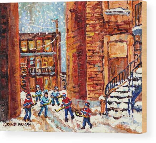  Wood Print featuring the painting Laneway Street Hockey Game Kids Winter Fun Snow Falling Montreal Art Scene C Spandau Canadian Artist by Carole Spandau