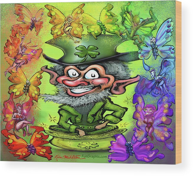 Leprechaun Wood Print featuring the digital art Leprechaun with Rainbow of Pixies by Kevin Middleton