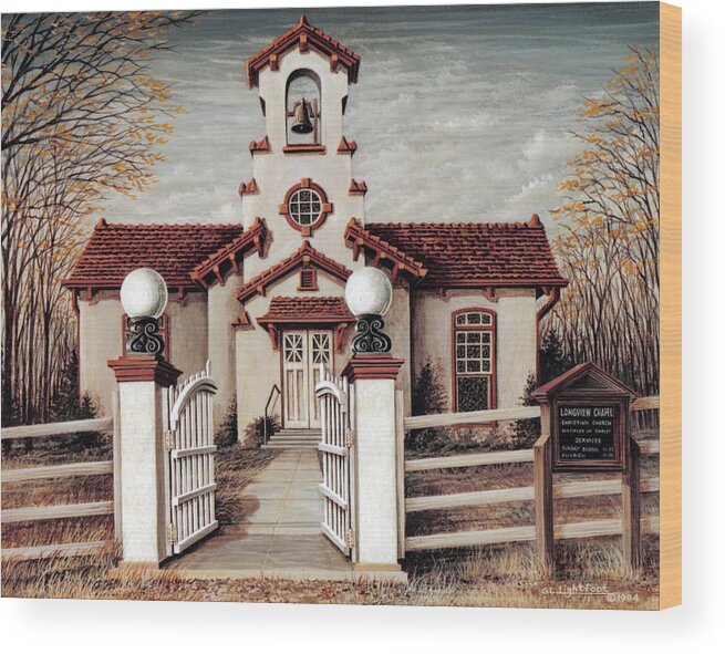 Architectural Landscape Wood Print featuring the painting Longview Chapel Gate by George Lightfoot
