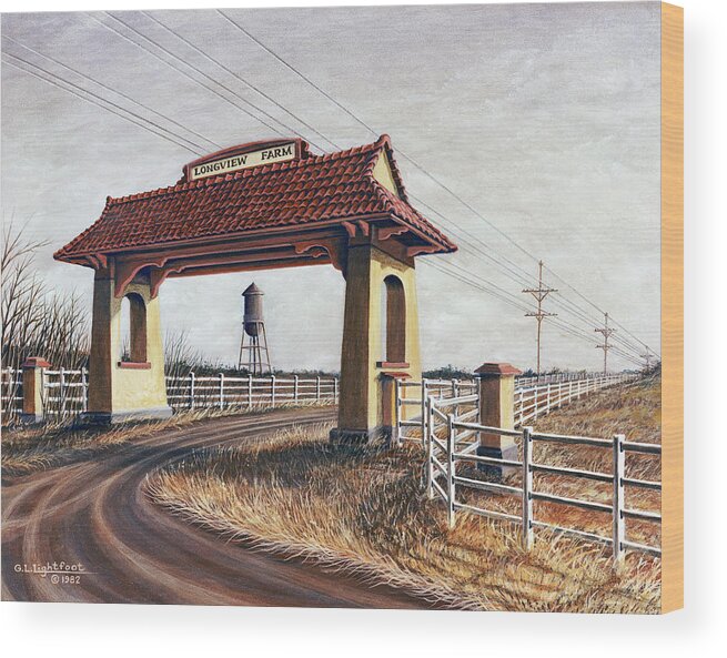 Architectural Landscape Wood Print featuring the painting Longview Farm Entrance Gate by George Lightfoot