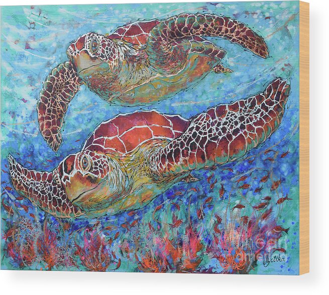 Marine Turtles Wood Print featuring the painting Magnificent Green Sea Turtles by Jyotika Shroff