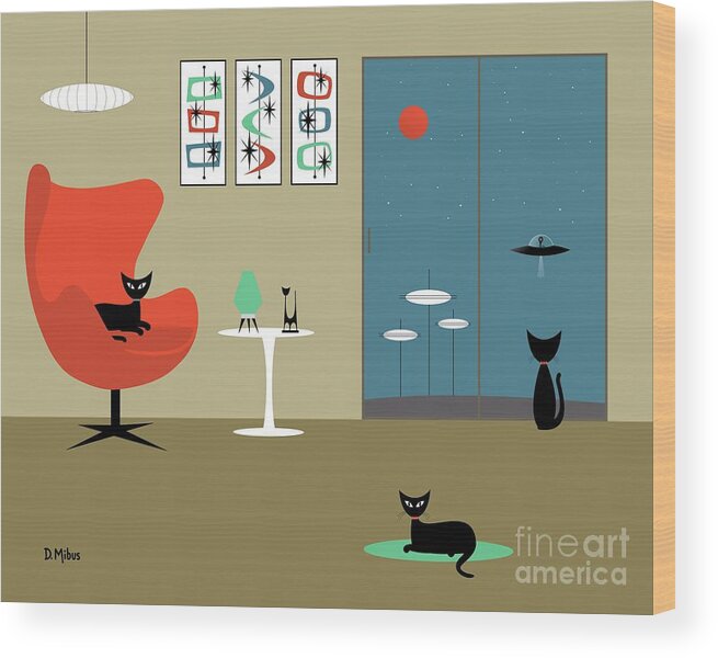 Mid Century Modern Wood Print featuring the digital art Mid Century Cat Spies Flying Saucer by Donna Mibus