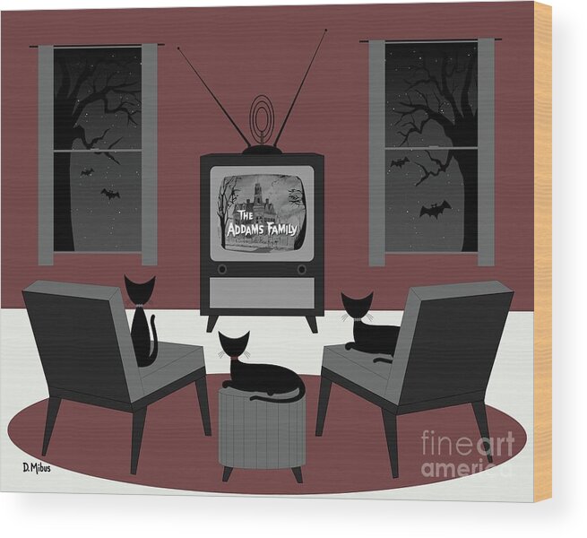 Cats Watch Tv Wood Print featuring the digital art Mid Century Cats Watch Addams Family by Donna Mibus