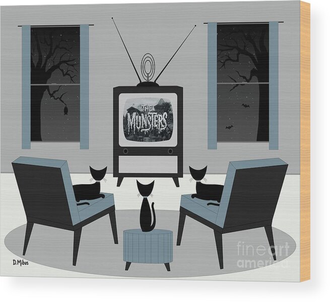 Cats Watch Tv Wood Print featuring the digital art Mid Century Cats Watch the Munsters by Donna Mibus