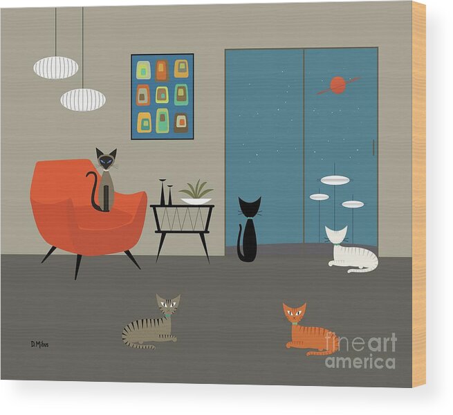  Wood Print featuring the digital art Mid Century Modern Cats by Donna Mibus