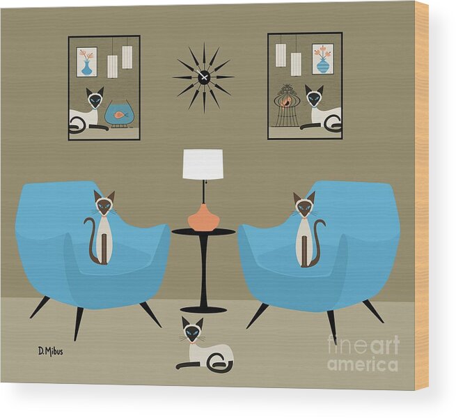 Siamese Cat Wood Print featuring the digital art Mid Century Room with Siamese Cats by Donna Mibus