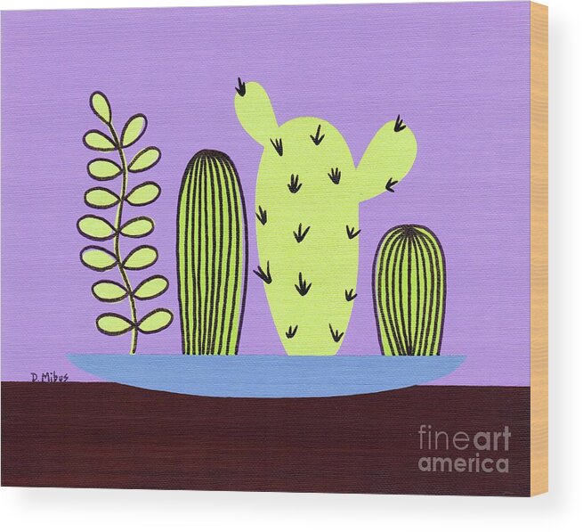 Mid Century Modern Wood Print featuring the painting Mid Century Tabletop Cactus by Donna Mibus