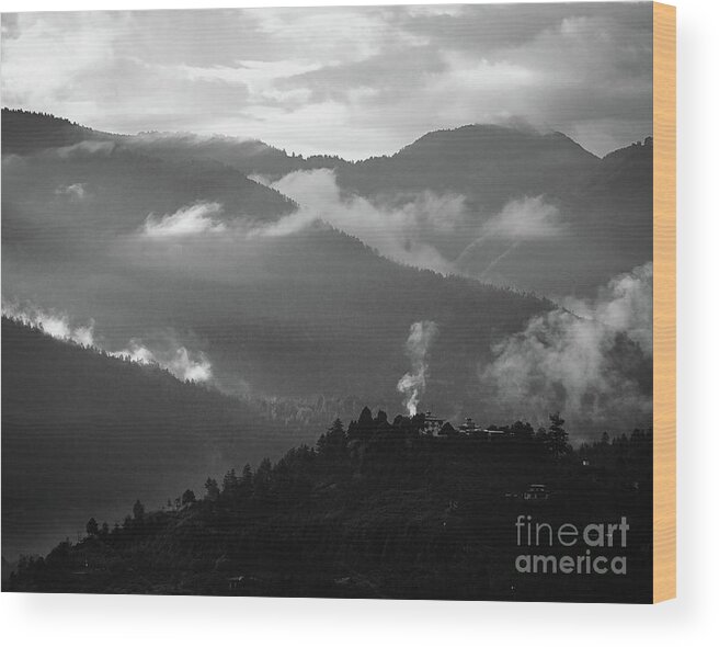 Bhutan Wood Print featuring the photograph Misty morning in Bhutan by Iryna Liveoak