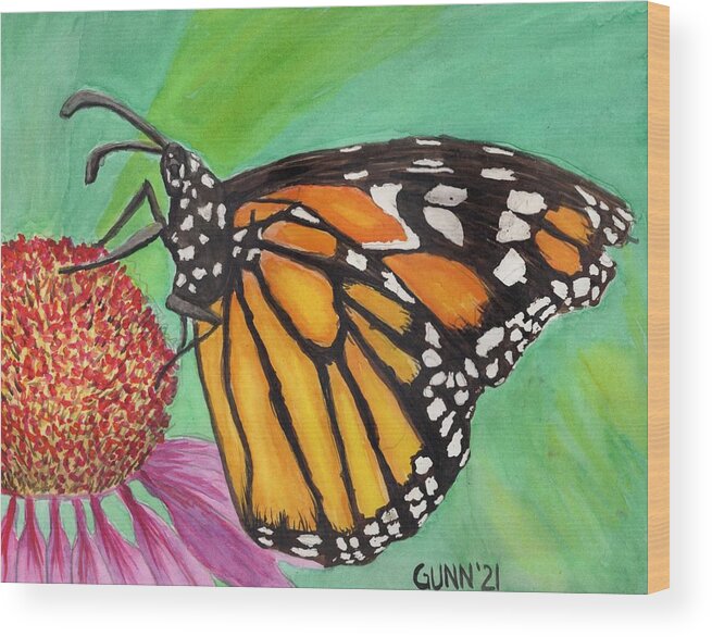 Monarch Wood Print featuring the painting Monarch Butterfly on Flower by Katrina Gunn