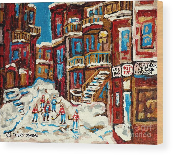 Montreal Wood Print featuring the painting Montreal Verdun Balconville Street Hockey Painting Carole Spandau Canadian Artist Quebec Art Scenes by Carole Spandau